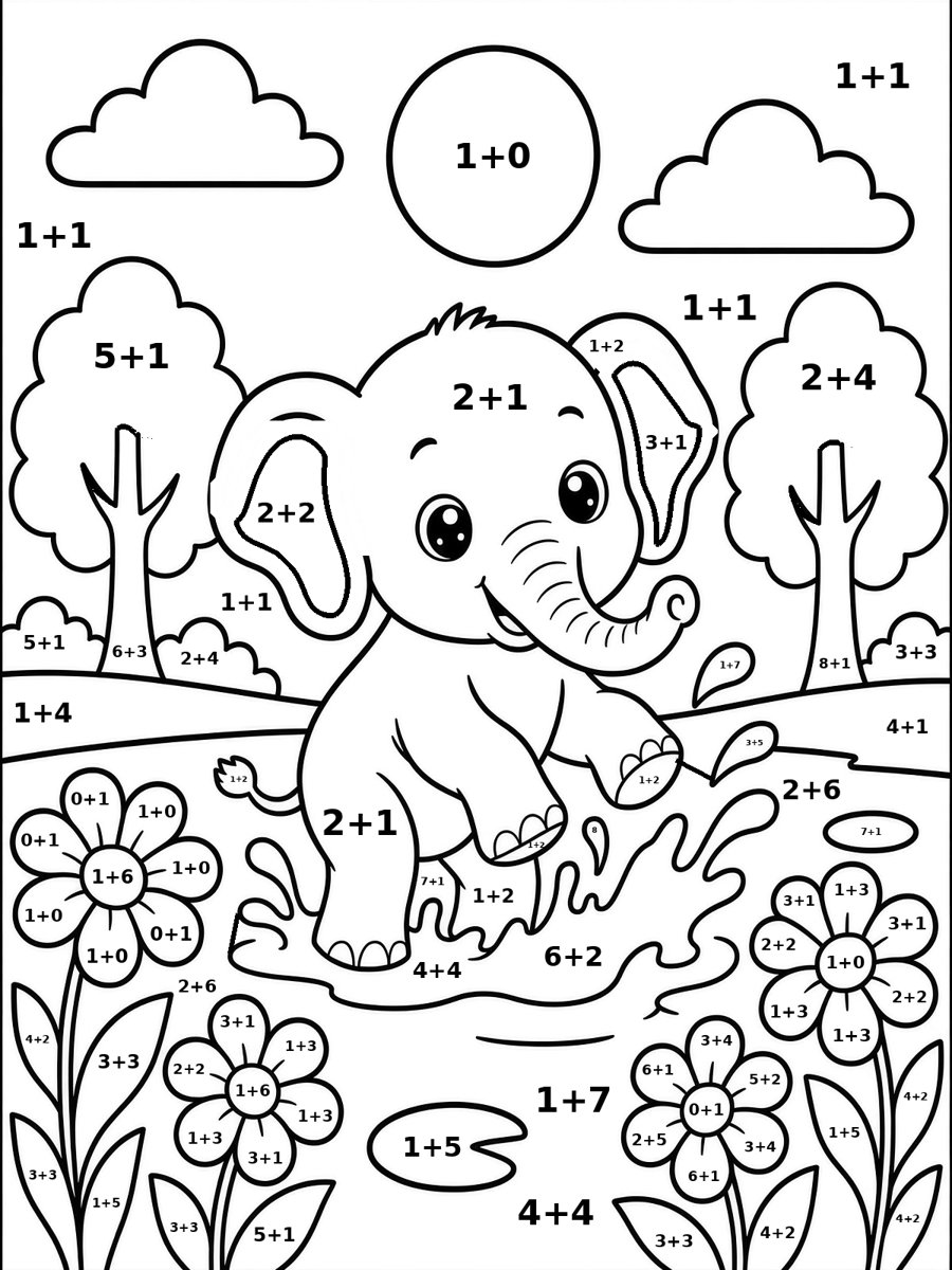 Elephant Splash worksheet: a line drawing of an elephant splashing in a pond, with an addition problem in every space and a color key at the bottom